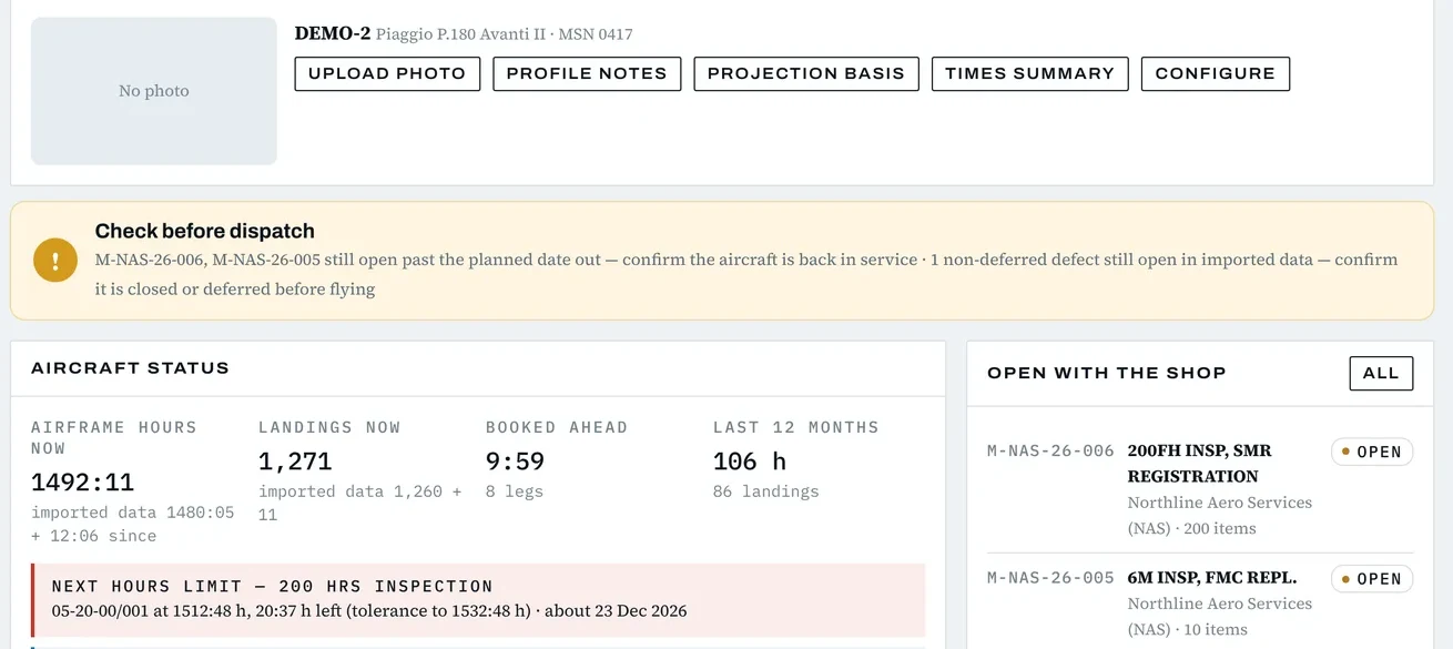 Maintenance overview of an aircraft with status, hours and open work orders